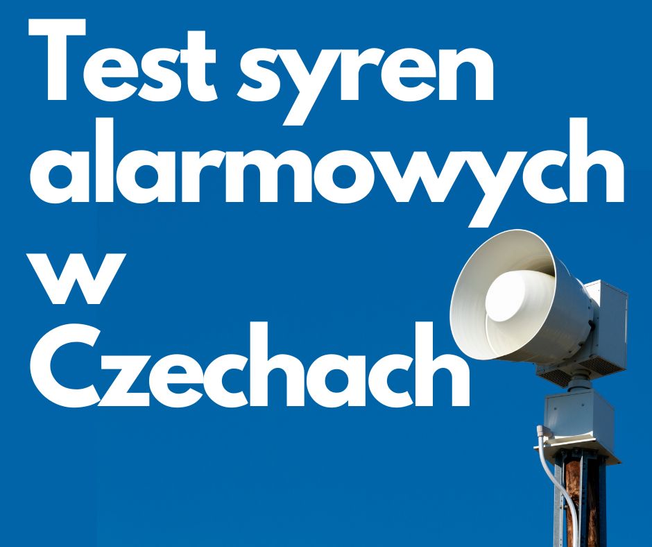 Grafika informująca o teście syren alarmowych w Czechach